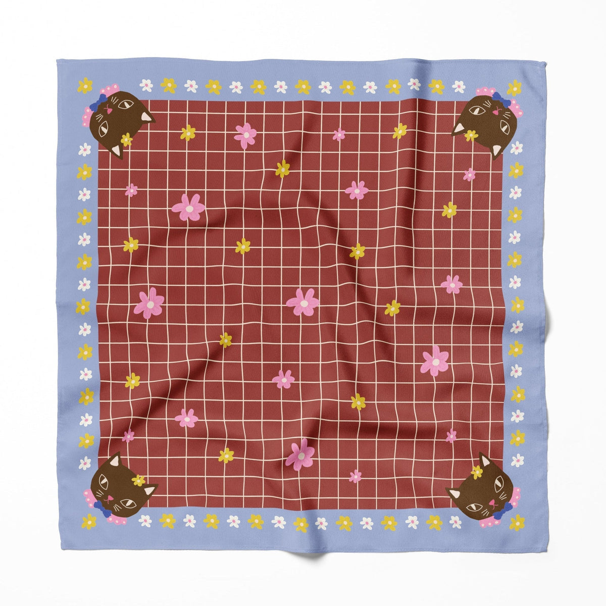 Cotton silk bandana with maroon grid, pink flowers, light blue border, square scarf