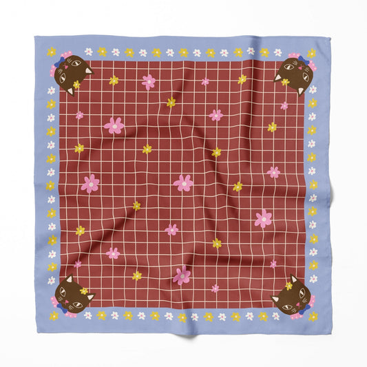 Cotton silk bandana with maroon grid, pink flowers, light blue border, square scarf