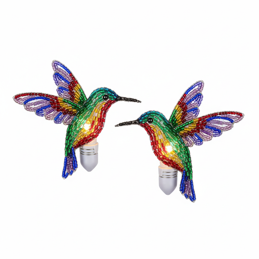 Set of 2 hummingbird night lights with green, blue, and red beaded birds on white bases
