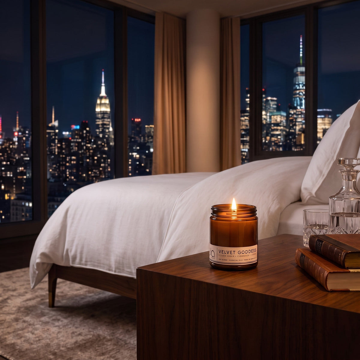Lit amber jar soy candle on a wooden nightstand