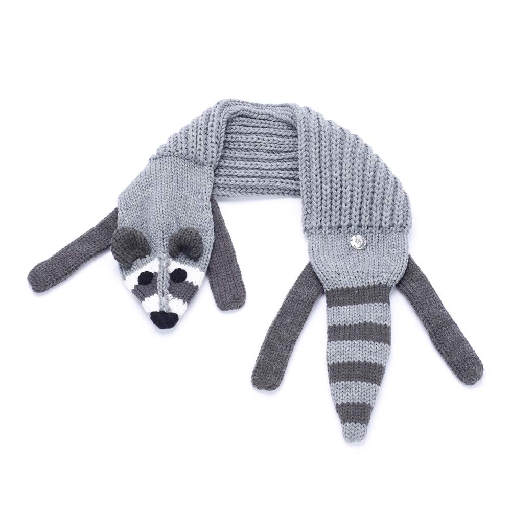 Kids grey knitted raccoon scarf with hanging striped ends and raccoon face applique