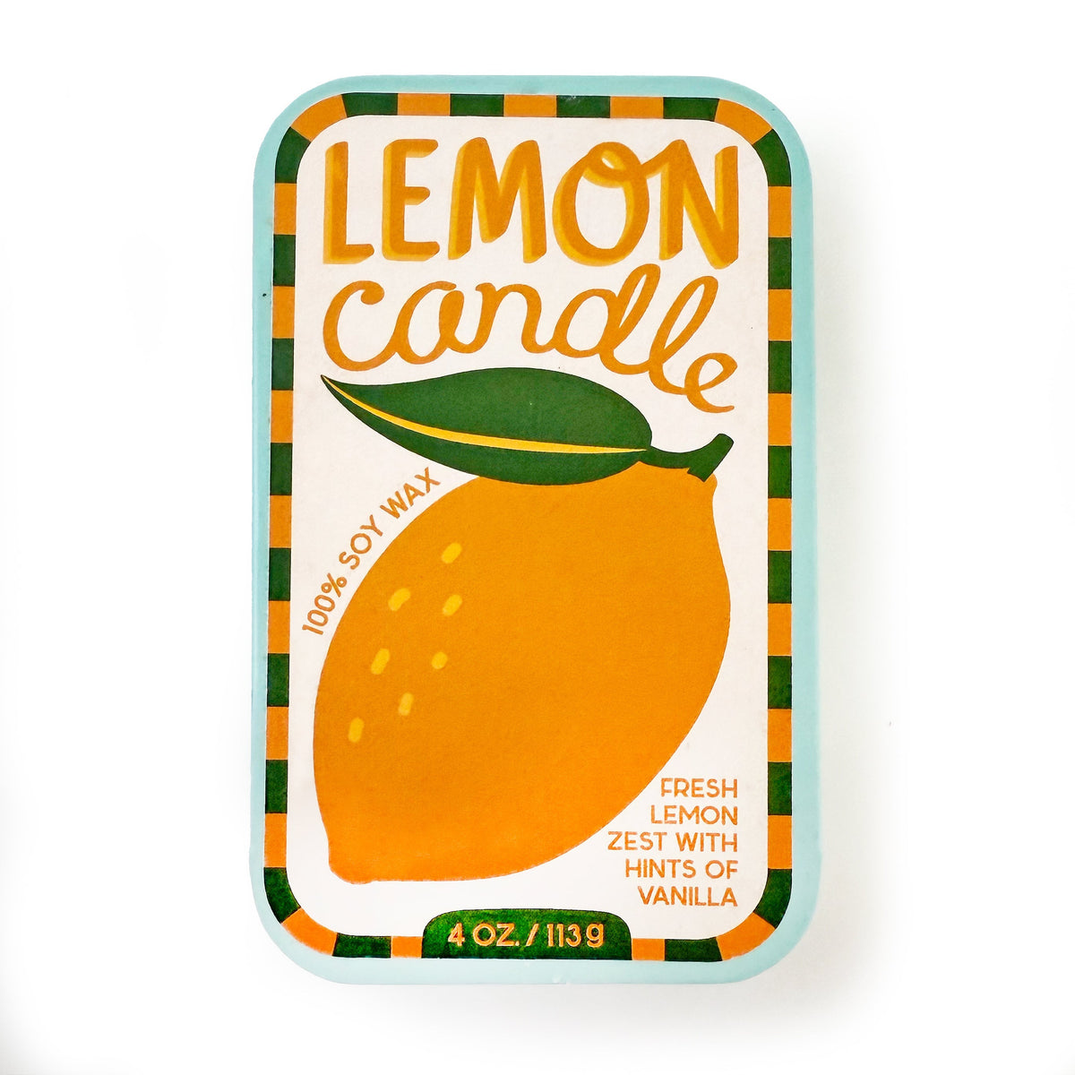 Lemon-scented candle tin with orange label and green leaf accents on turquoise border