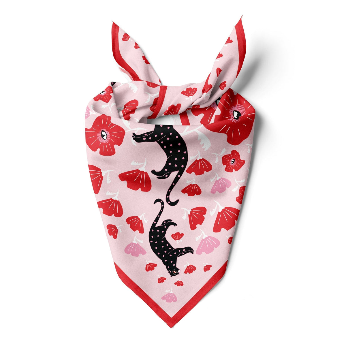 Folded triangle bandana with black polka cats and red flower hearts on pink background