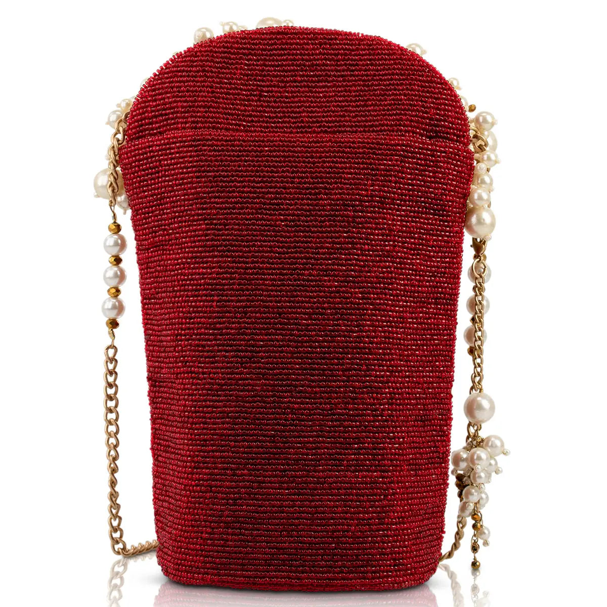 Maroon beaded handbag with rounded shape, pearl bead fringe, and gold chain sides