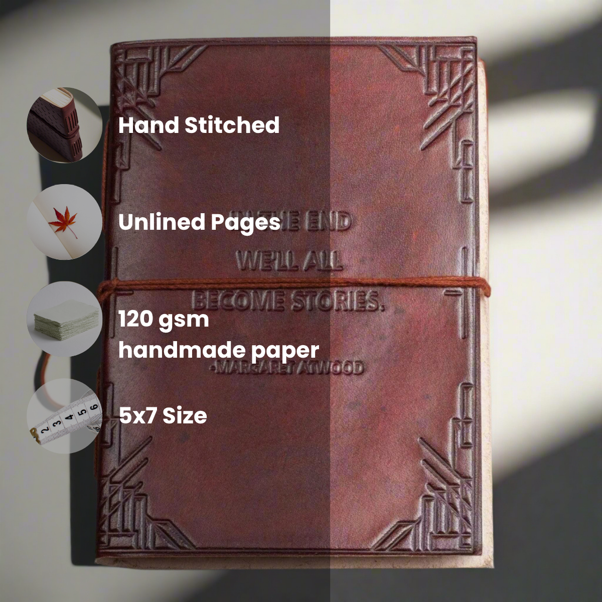 Hand-stitched leather journal with unlined 120 gsm handmade paper, 5x7 size