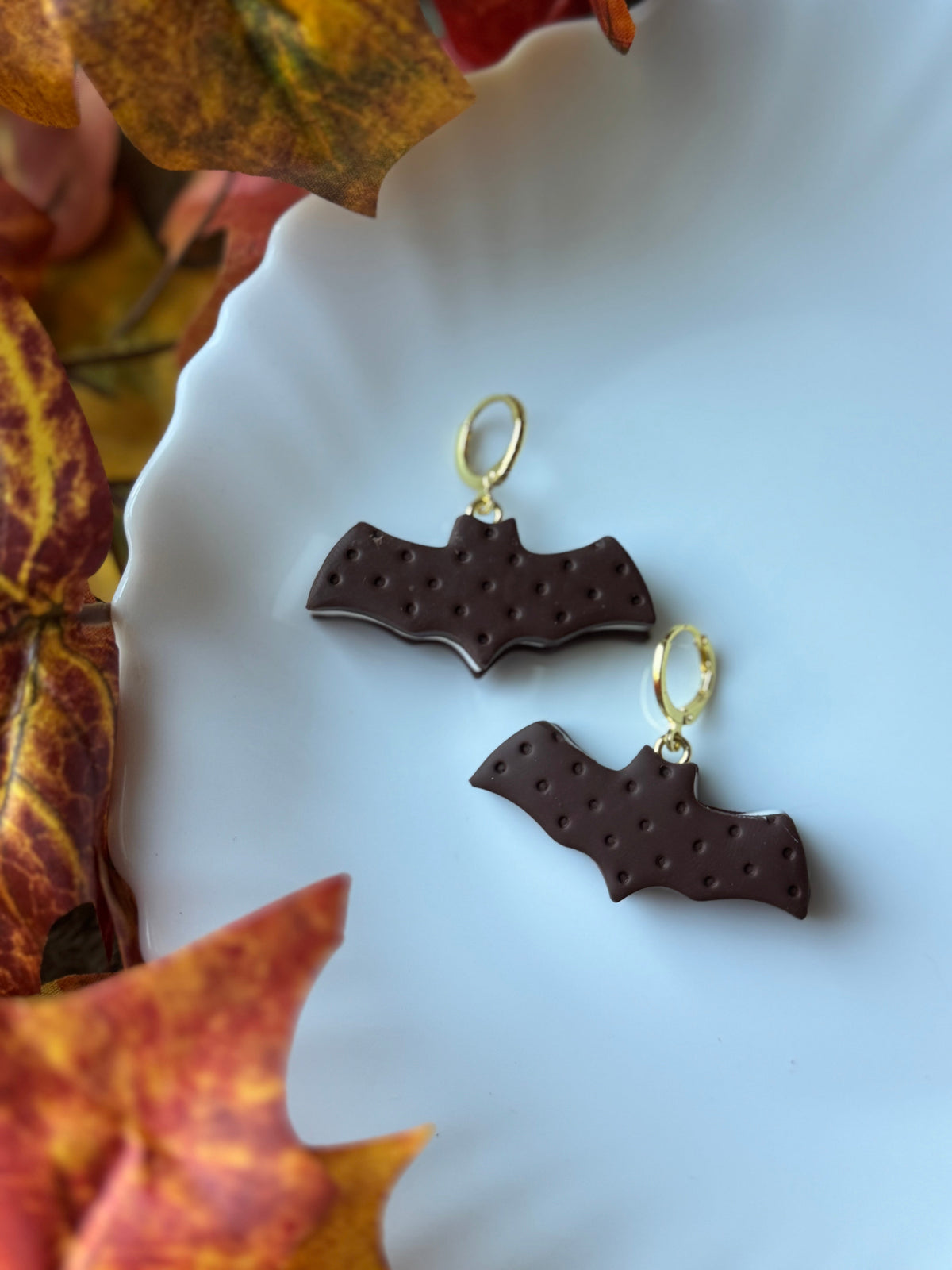 Ice cream sandwich bat earrings in dark brown with gold-tone hoops