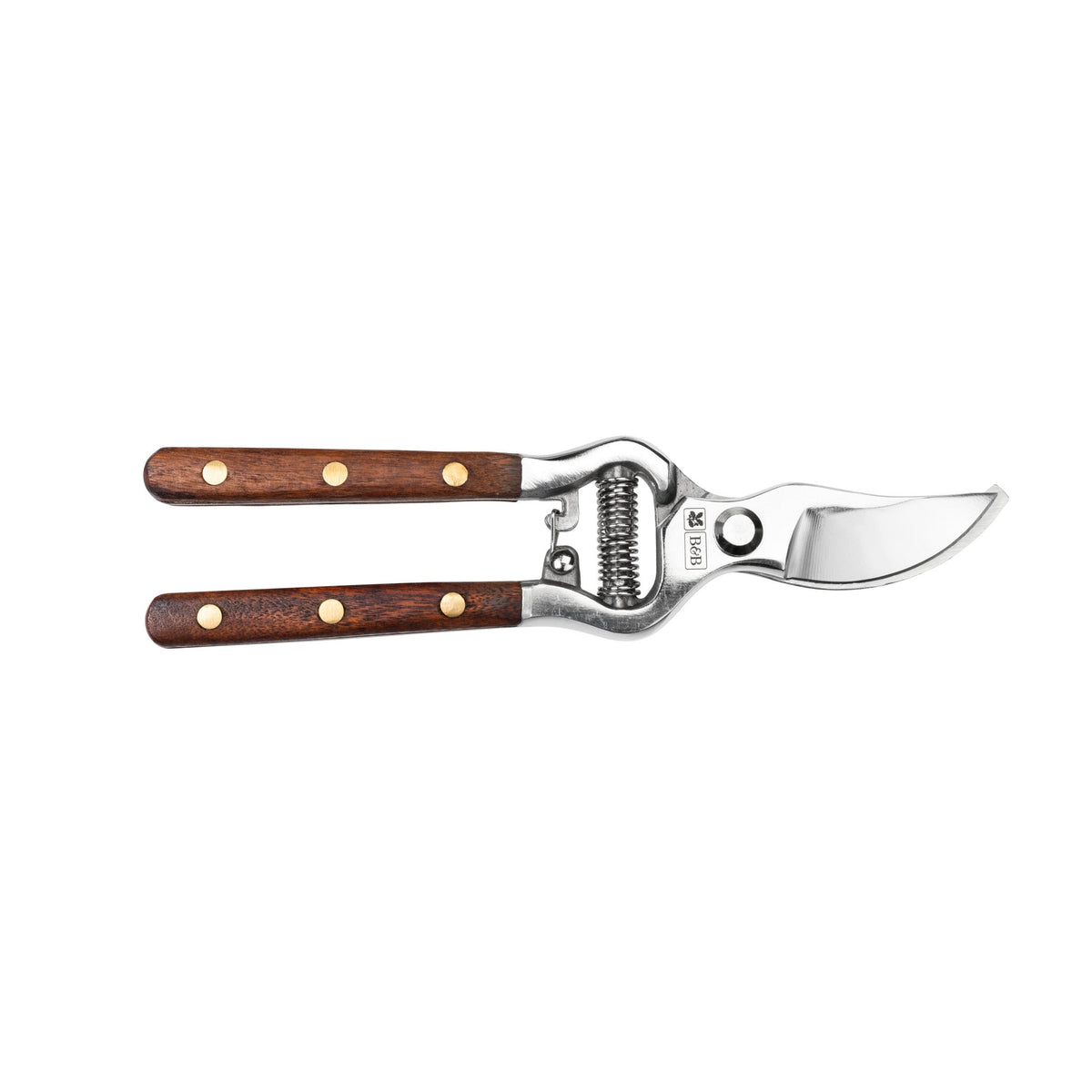 Wood-handle bypass pruner with two brown grips, curved silver blade, and spring