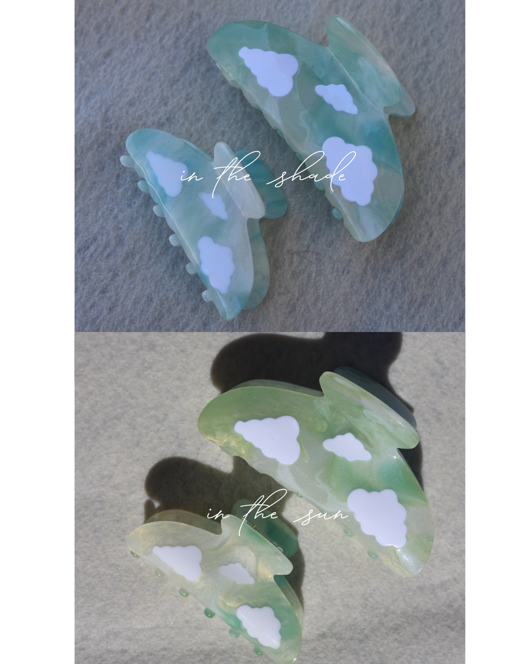Color-changing translucent claw-shaped charms, light blue and green cloud shapes