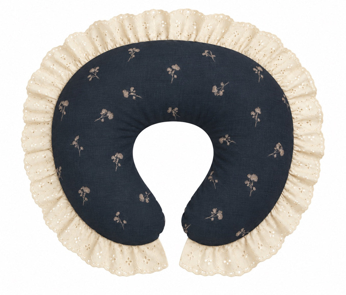 Nursing pillow cover with dark blue floral sprigs and ivory eyelet lace ruffle