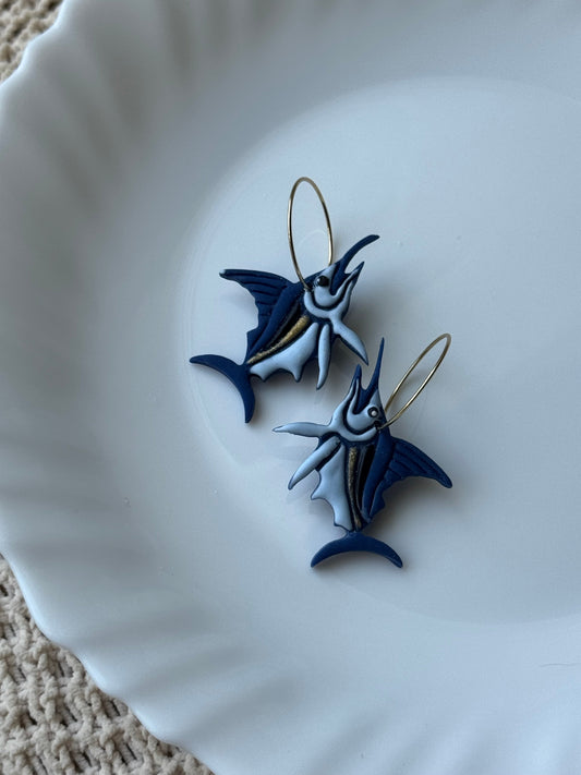 Blue marlin fish drop earrings with gold-tone hoops, two-piece charm pair