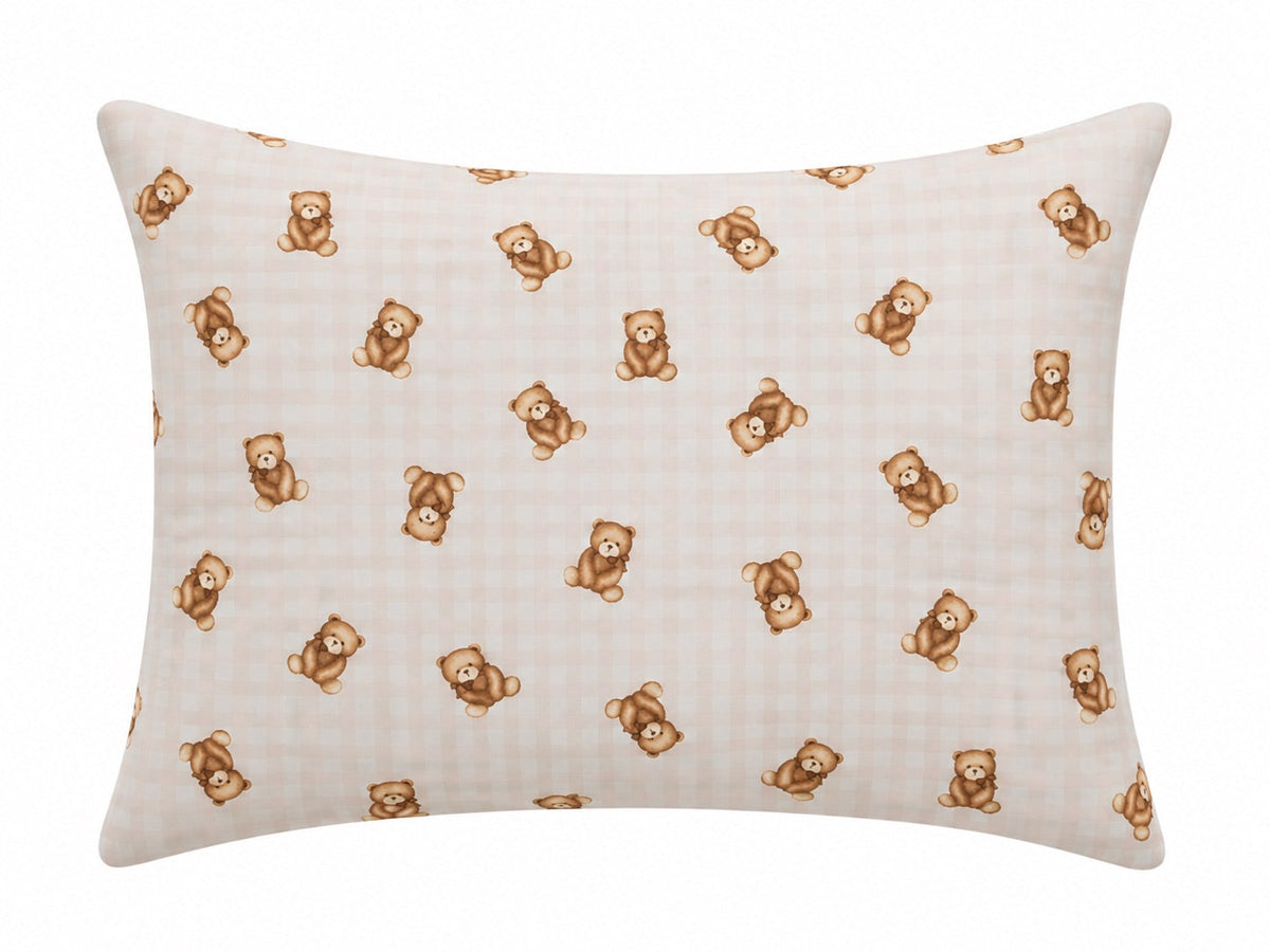 Pillowcase with brown teddy bears on a pale pink gingham background