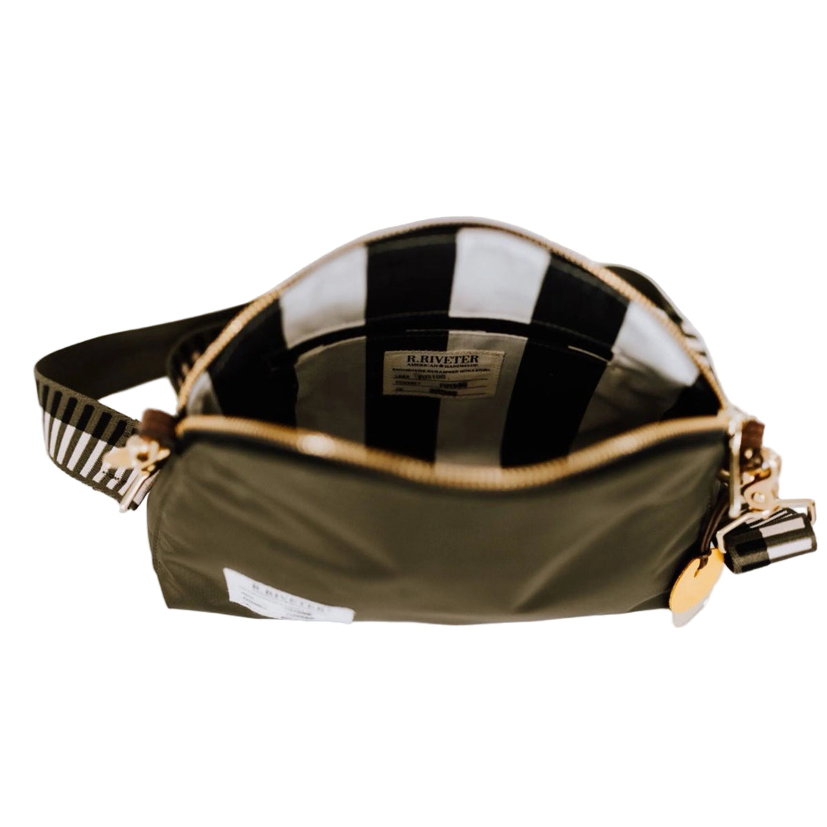 Olive nylon pouch open view with black-and-white striped lining and gold zipper pulls