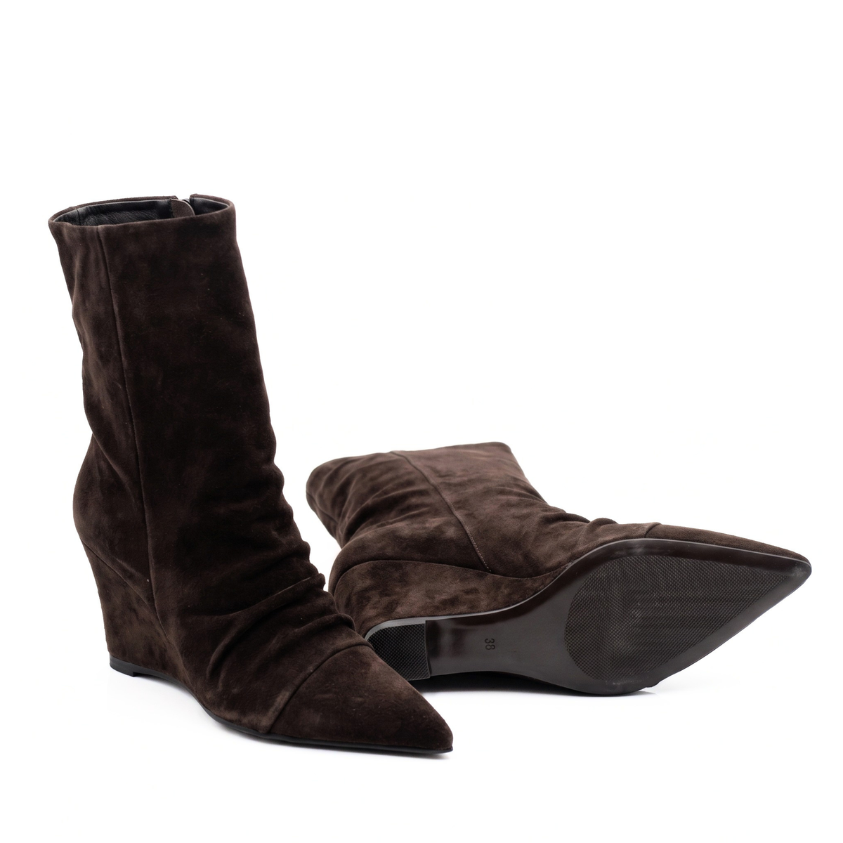 Dark brown suede slouch wedge boots, heel and outsole bottom side view