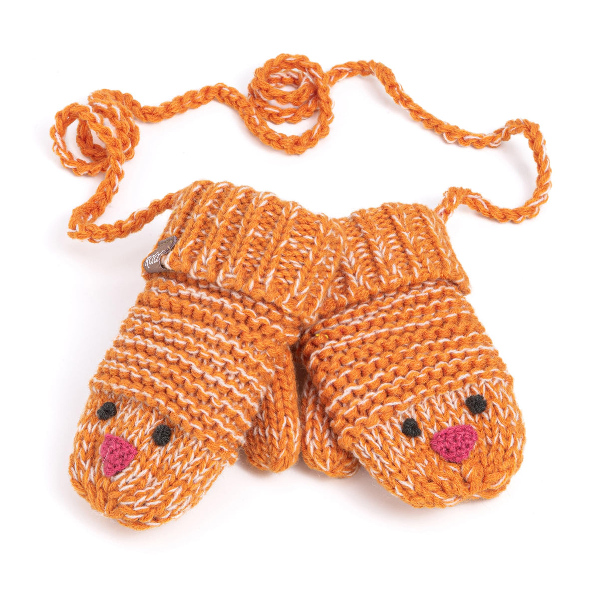 Rusty orange knitted chick mittens with pink beaks, cream flecks, and connecting cord