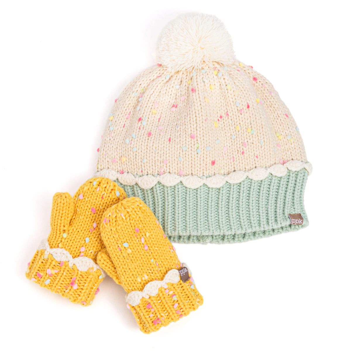 Toddler knit beanie and mitten set in cream, mint green and yellow, with speckled yarn and pom-pom.
