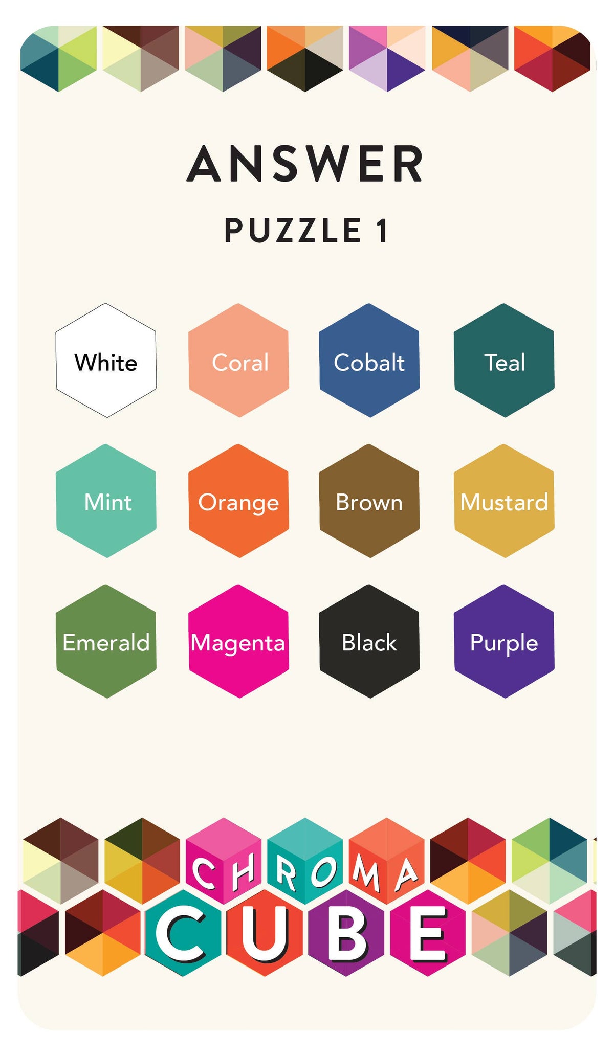Puzzle answer card for Puzzle 1 with colored hex result options