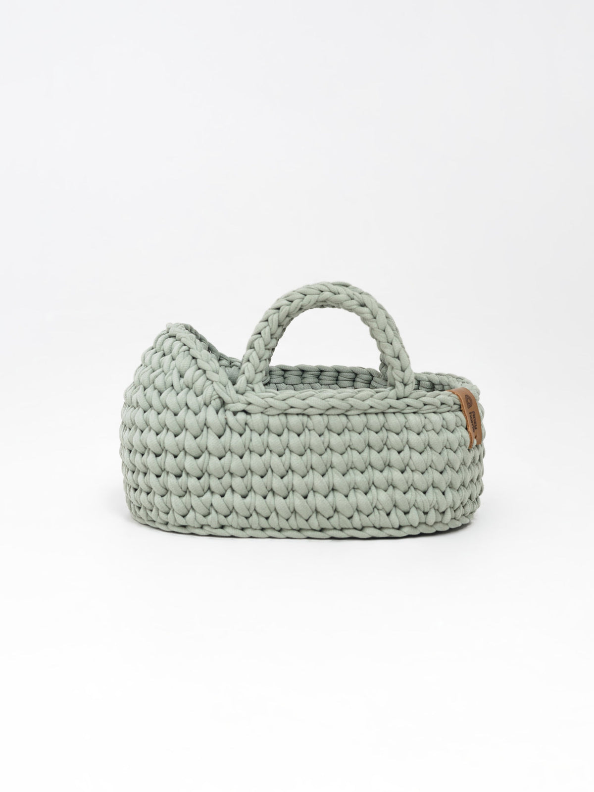 Mini doll moses basket, sage green woven basket with top handle and side label