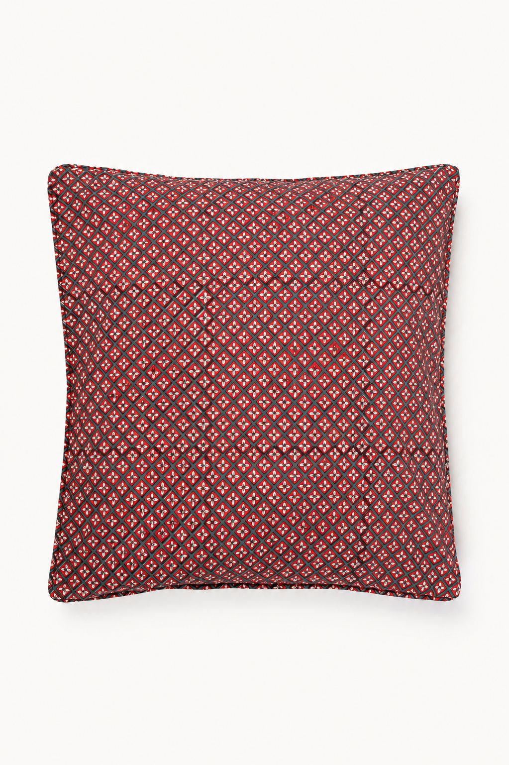 Crimson diamond-pattern square pillow cover with dark piping