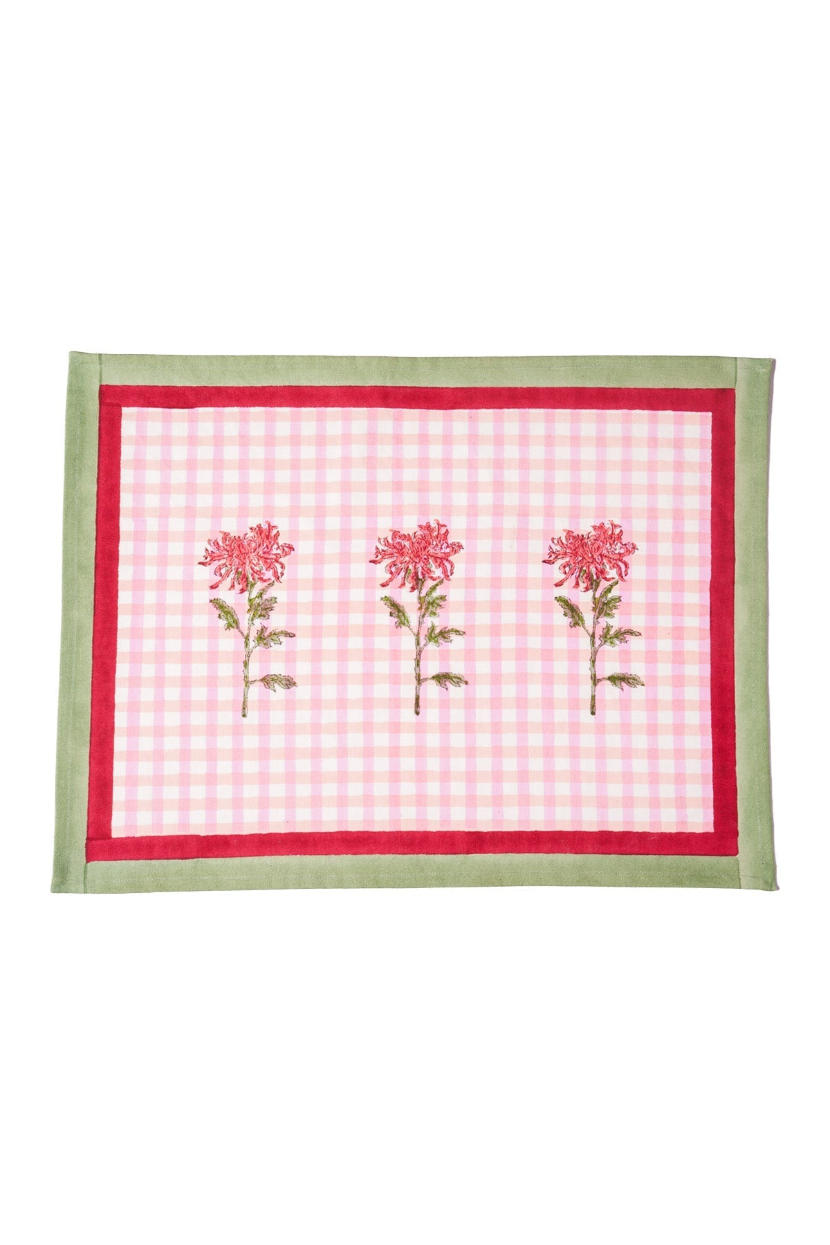 Set of 2 pink gingham placemats with red floral print and green border trim