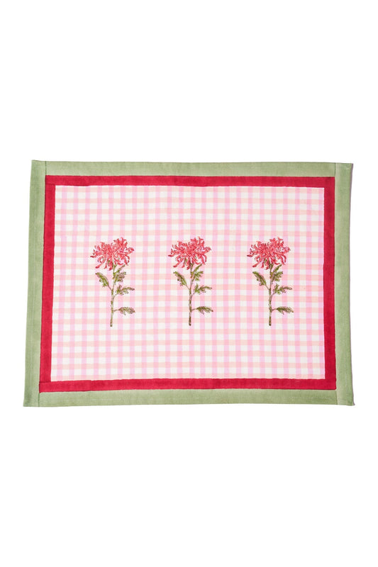 Set of 2 pink gingham placemats with red floral print and green border trim