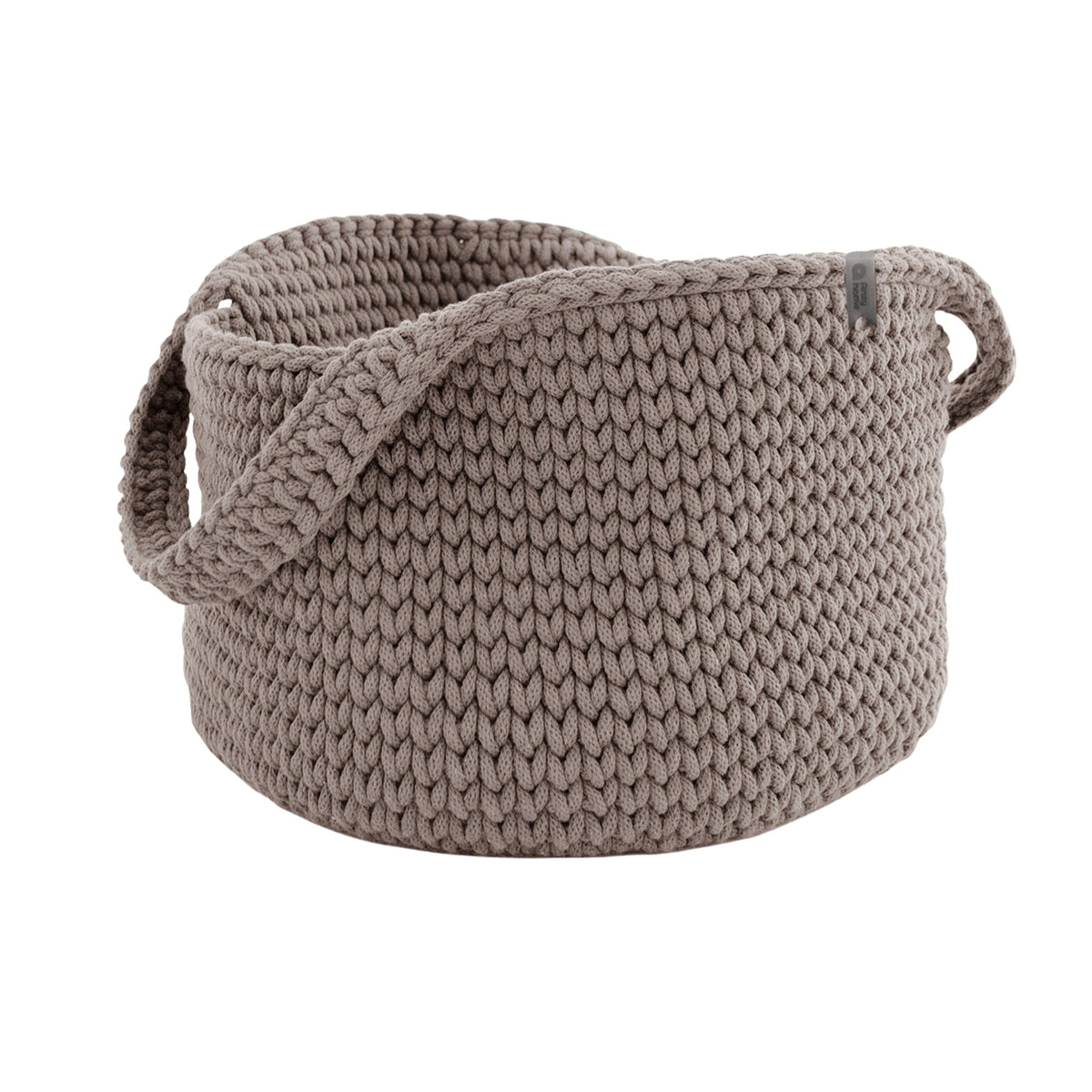 Round knit storage basket with handles, taupe color