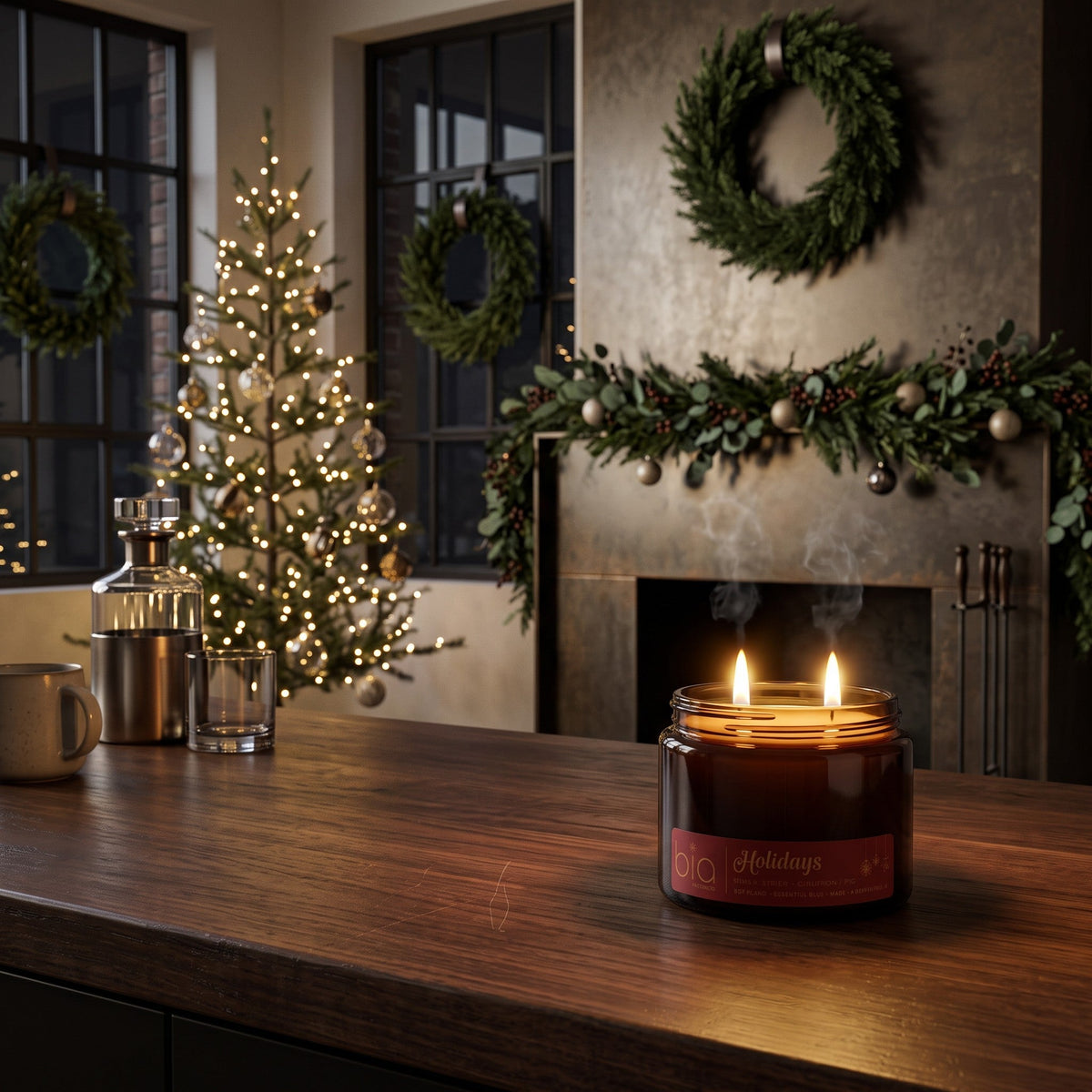 Lit amber glass candle jar on a wooden surface, flame visible.