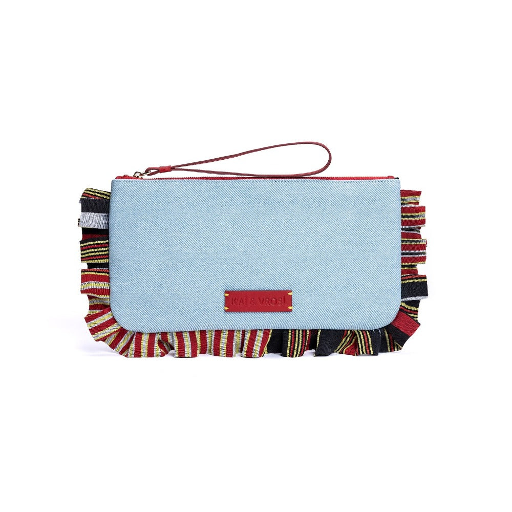 Light blue denim clutch bag with fringed striped trim and red wrist strap
