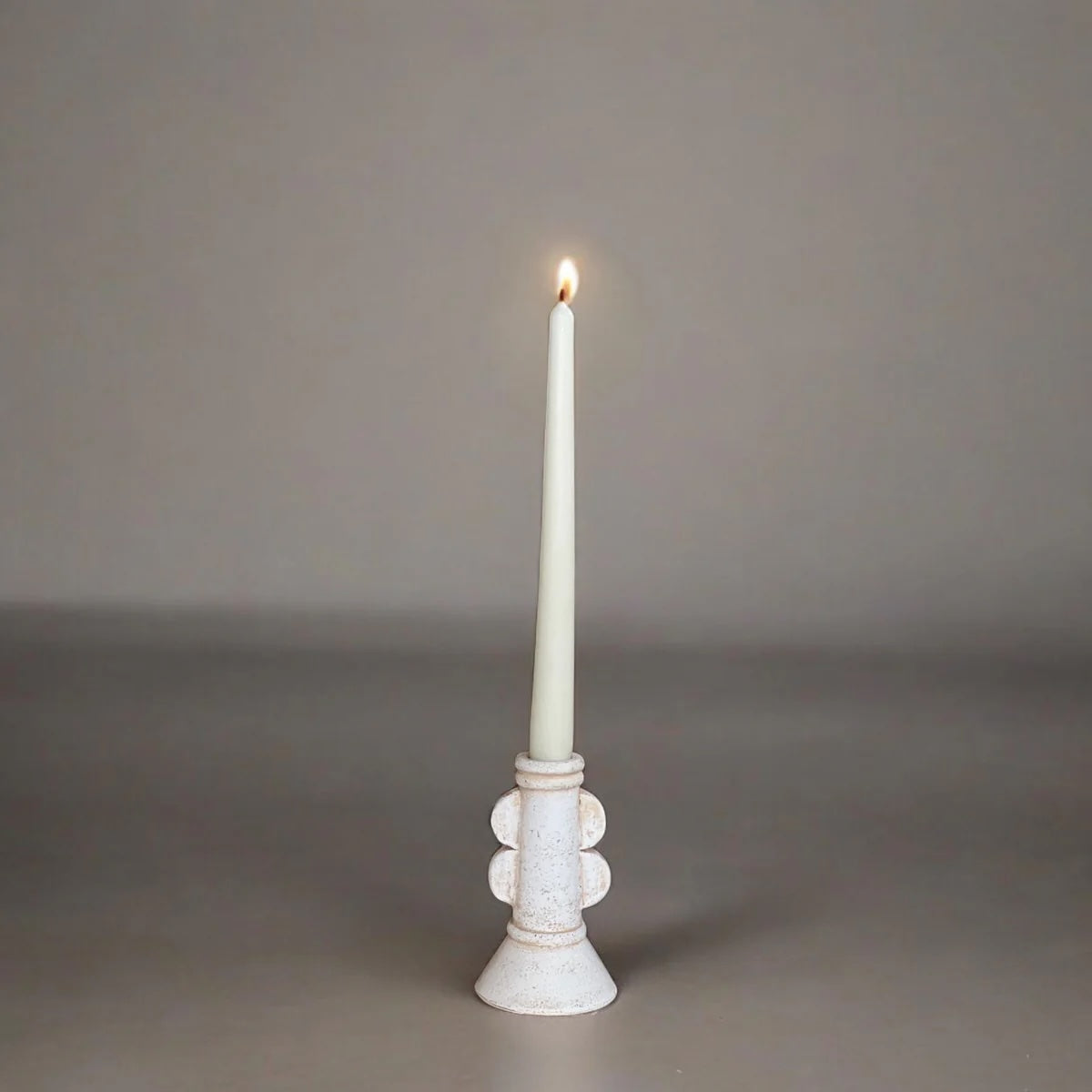 Luna candle holder, distressed white base with rounded bead details, for one pillar candle