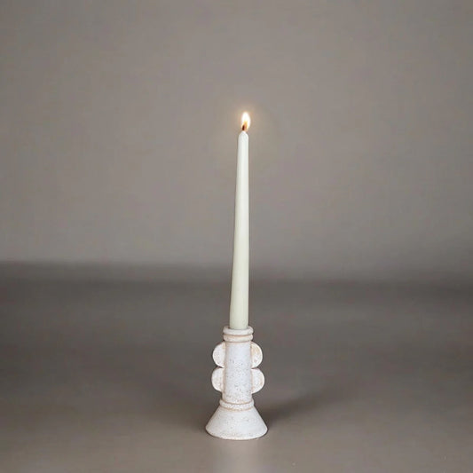Luna candle holder, distressed white base with rounded bead details, for one pillar candle