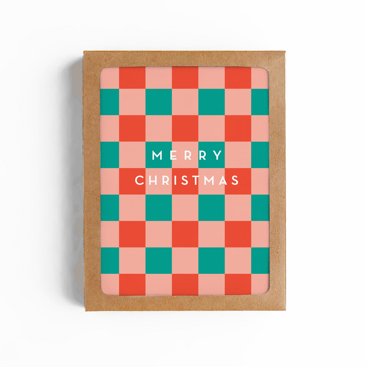 Checkerboard Christmas greeting card, 'Merry Christmas' text on red and teal blocks