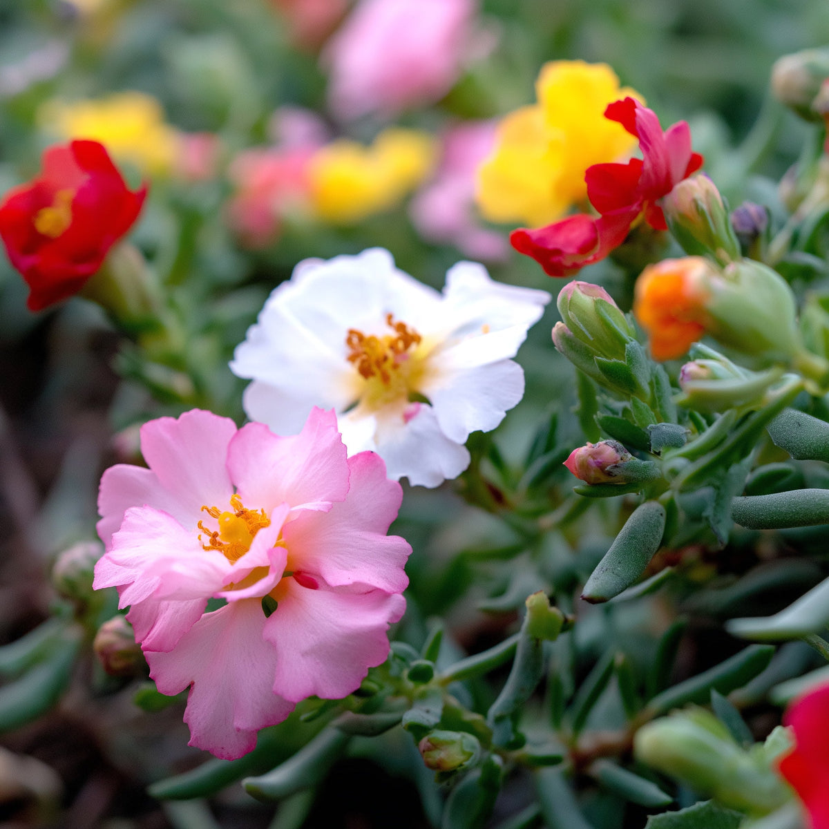Blooming pink, red, and white flowers with green leaves in close-up