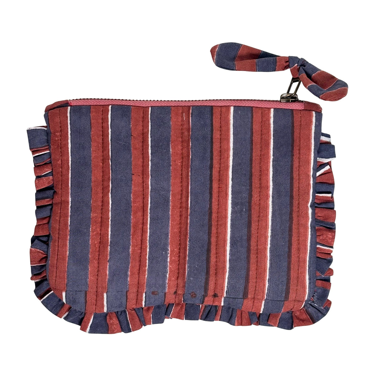 Quilted cotton travel pouch with red and blue striped frill trim and zipper