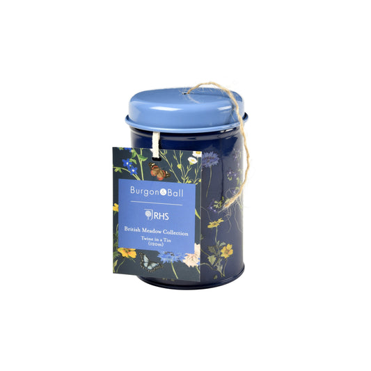 RHS-endorsed twine in decorative blue tin with meadow flowers and gold rope handle