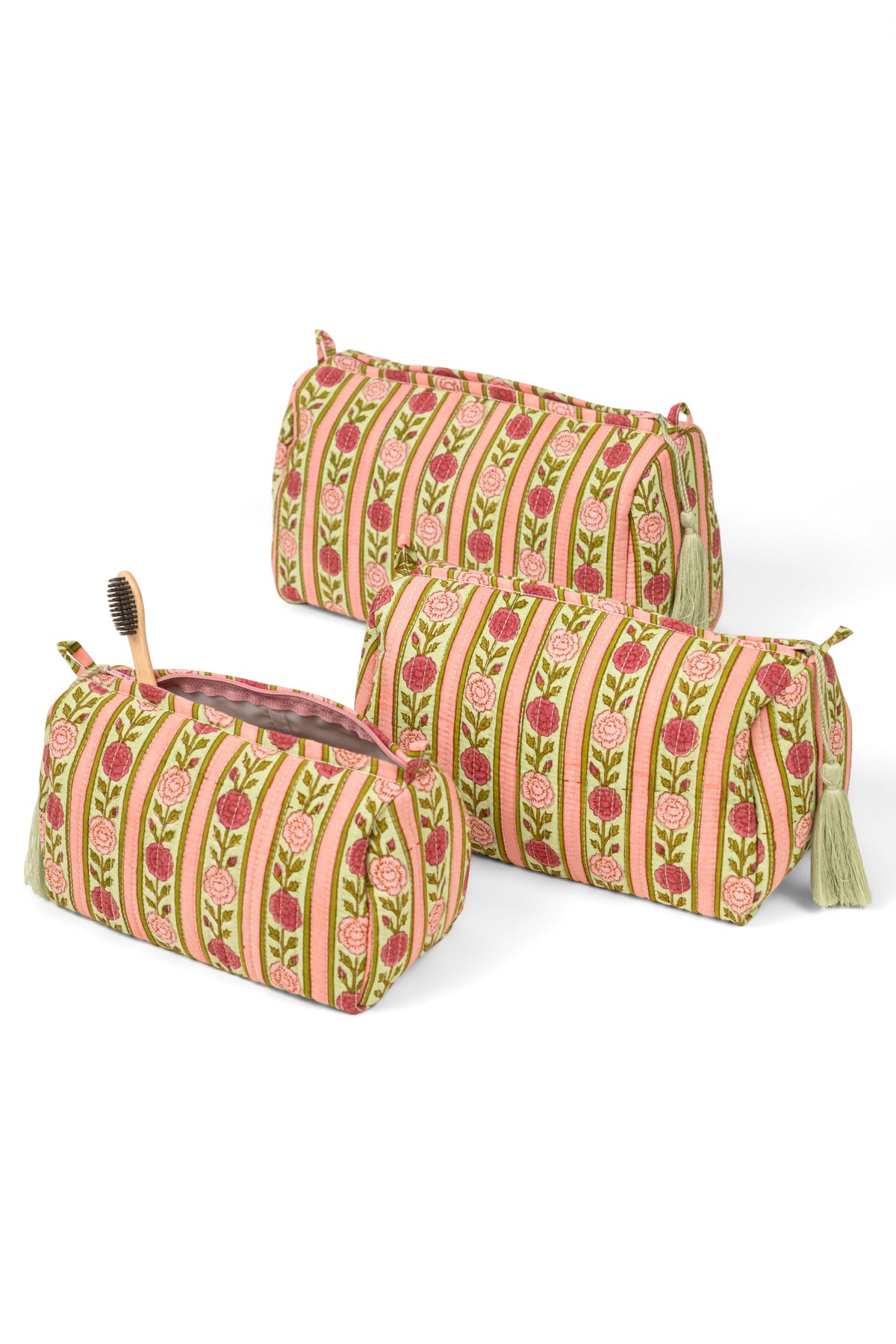 Two-piece striped makeup bag set with tassels in pink and green, zip tops