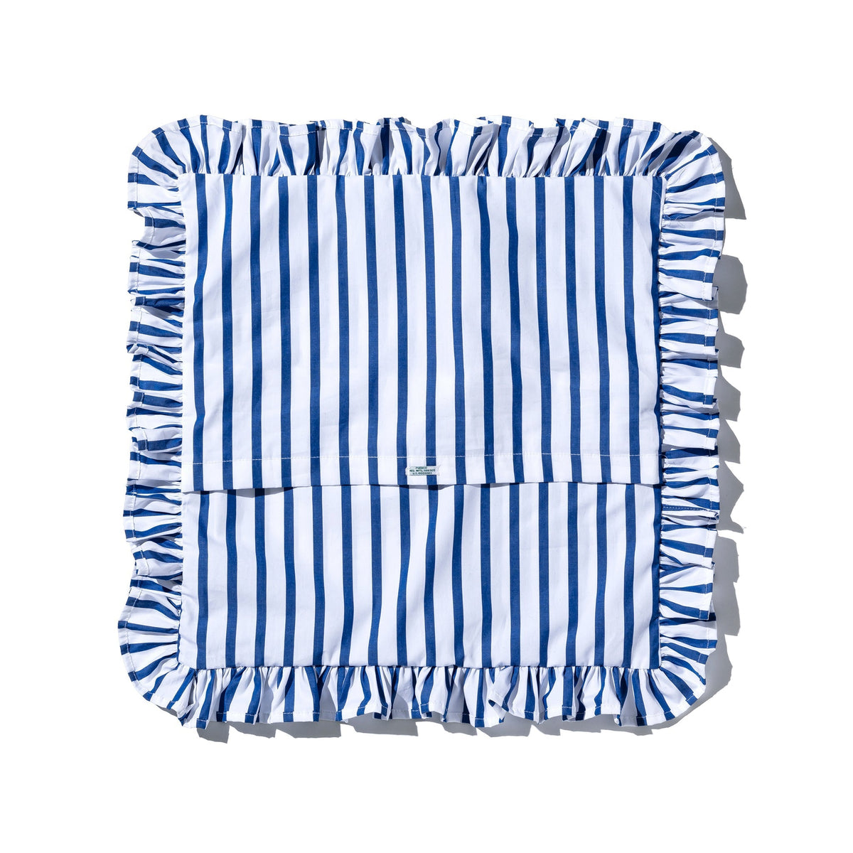 Blue and white vertical stripe ruffle cushion cover with gathered border
