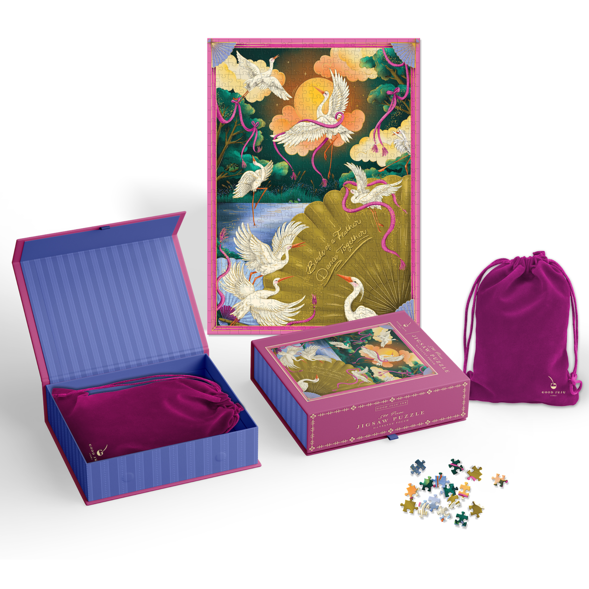 500-piece jigsaw puzzle set in pink box with birds artwork and drawstring bag