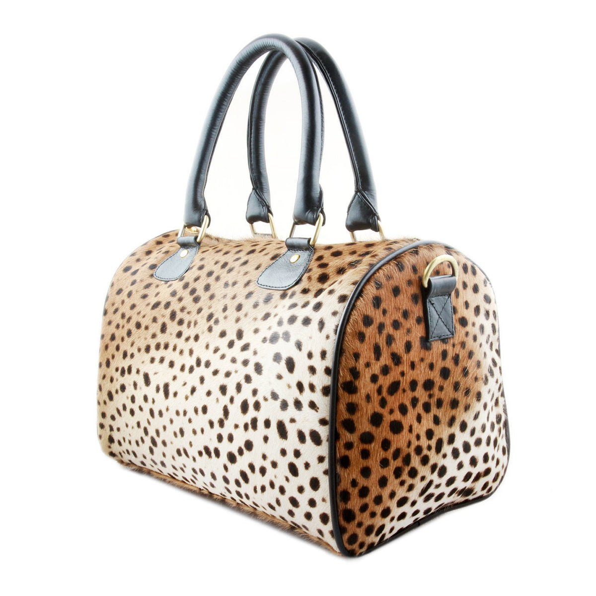 Leopard-print leather barrel bag with curved black trim and double top handles