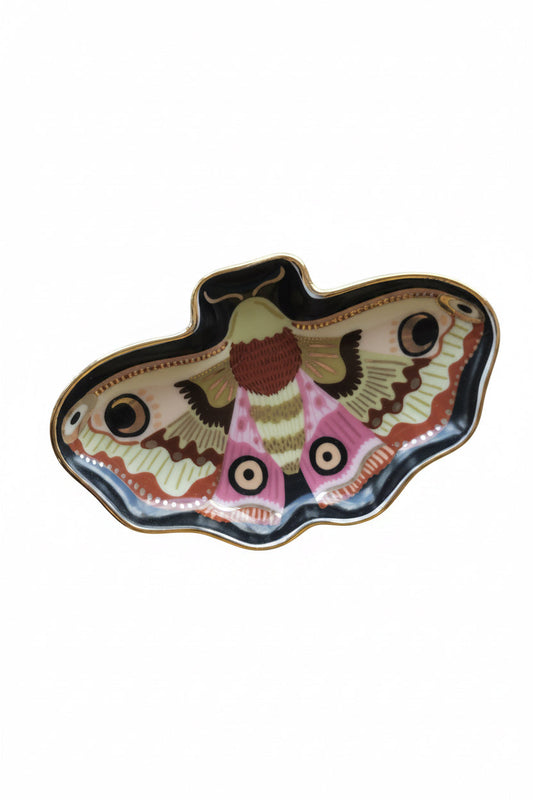 Moon moth-shaped porcelain dice dish with multicolor painted details and scalloped edges