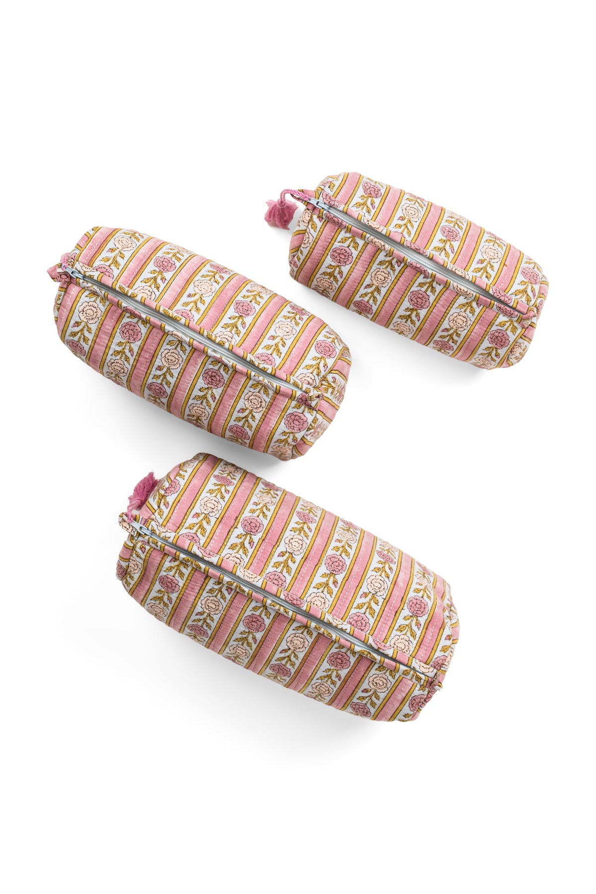 Set of three vintage floral striped makeup bags with zippers and tassels