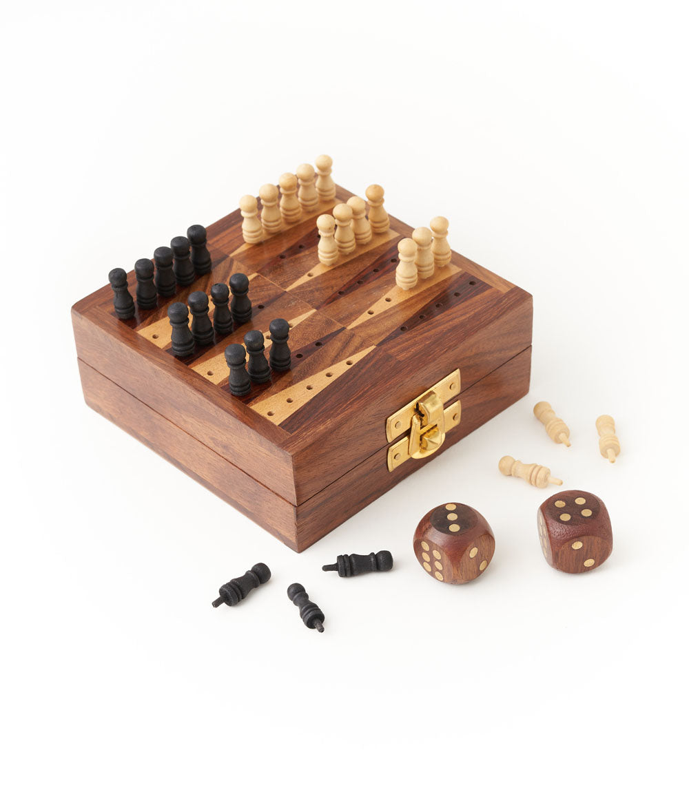 Wooden mini backgammon travel case with open board, black and light checkers, dice and checkers pieces
