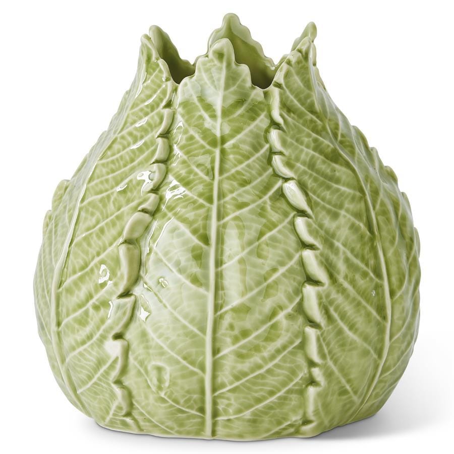 Green ceramic leaf vase with detailed ribbed leaf pattern and scalloped rim