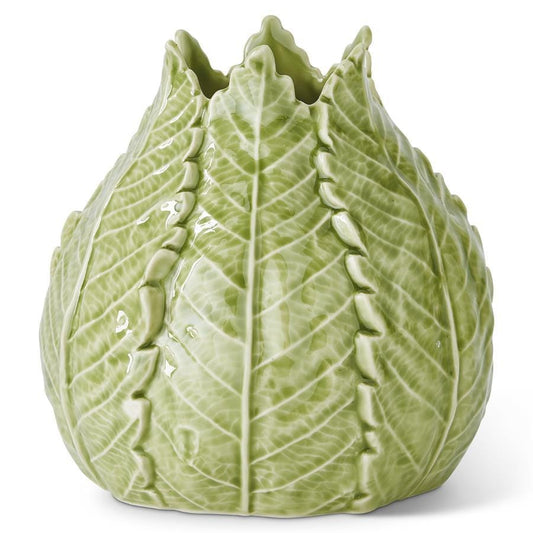 Green ceramic leaf vase with detailed ribbed leaf pattern and scalloped rim