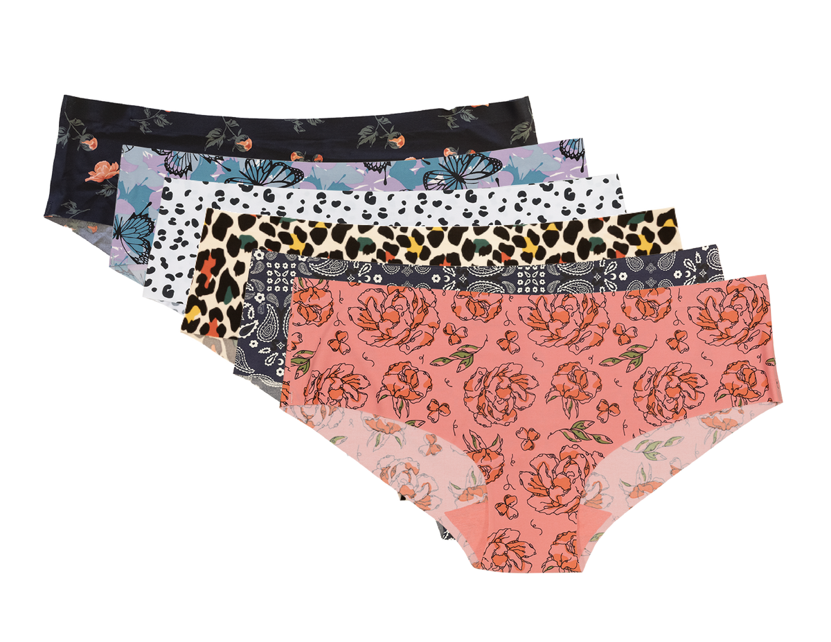 Six laser-cut hipster underwear in assorted floral, butterfly, animal, and paisley prints