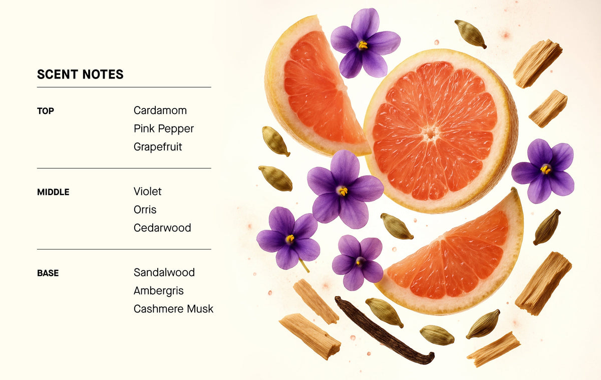 SANTAL scent notes card with grapefruit slices and violet flowers