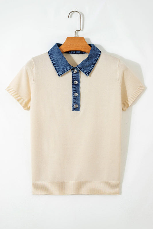 Denim Patchwork Polo Collar Short Sleeve Sweater