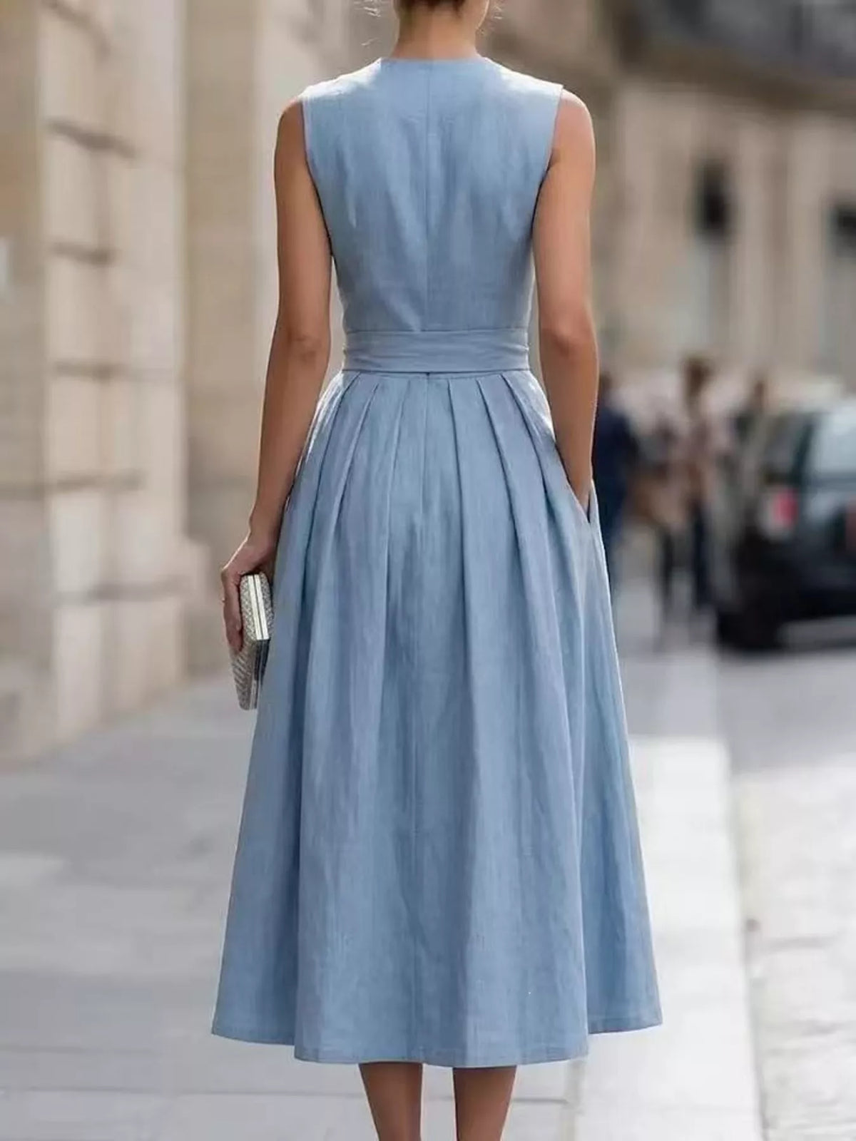 Vintage-Inspired Belted Sleeveless Midi Dress