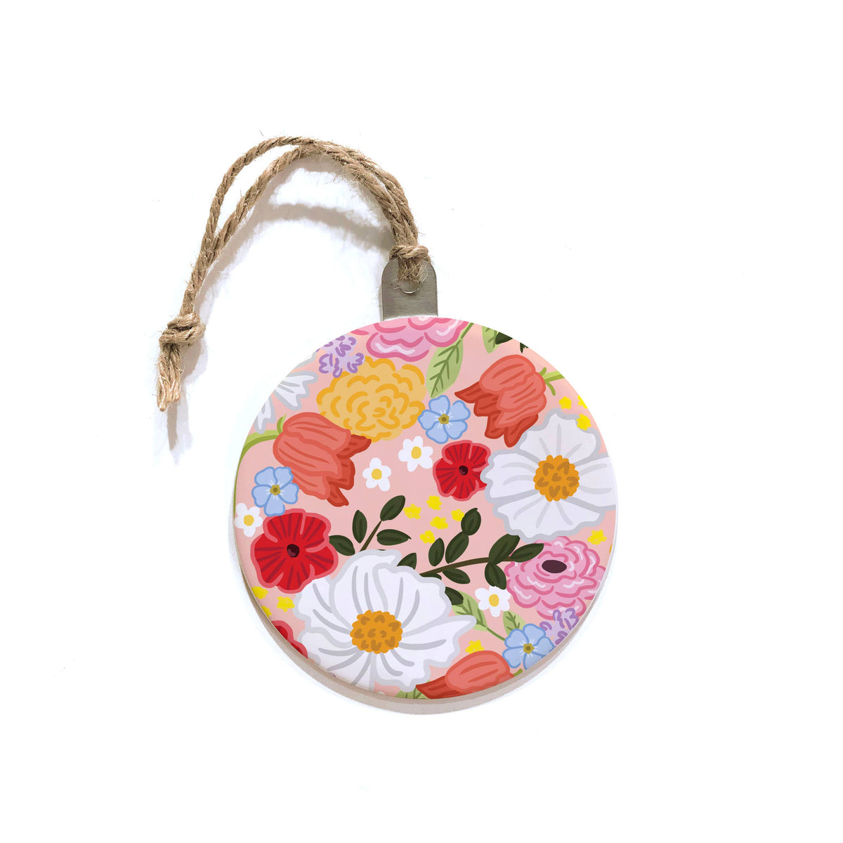Round floral Christmas ornament with colorful flower print and jute hanging string