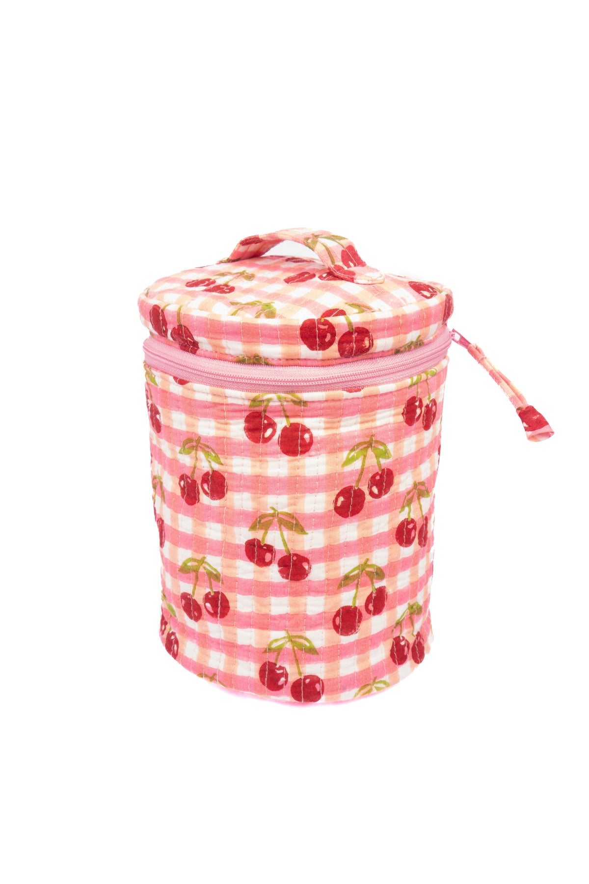 Upright round makeup bag with red gingham cherry print and domed zip lid