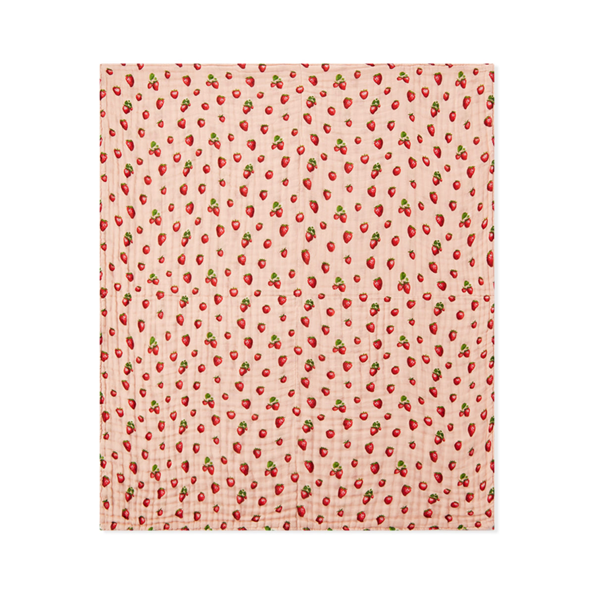 Peach strawberry print beach towel, square folded with repeating red berry pattern