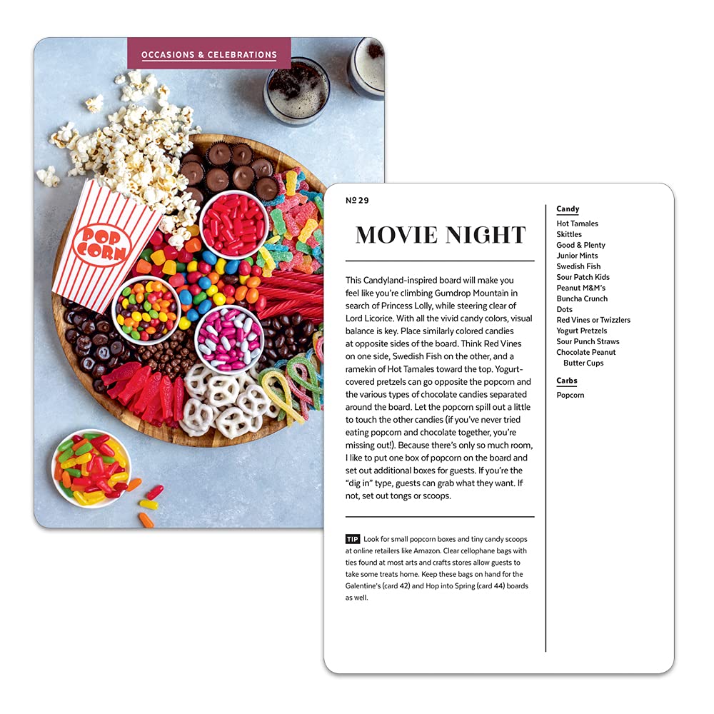Cheese board deck card for Movie Night with popcorn, candy, and dessert spread illustration